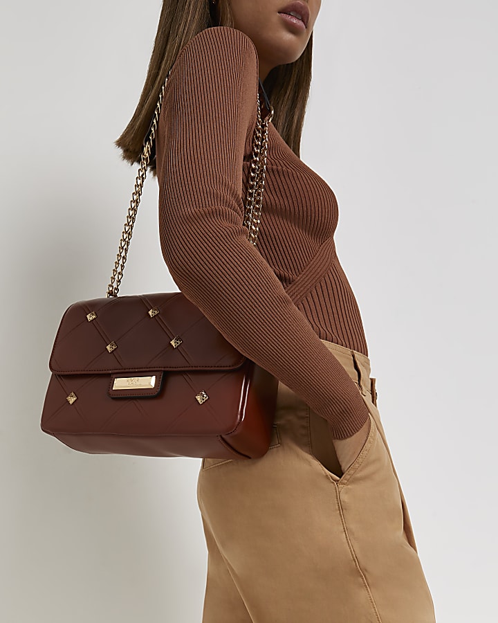 Brown studded shoulder bag
