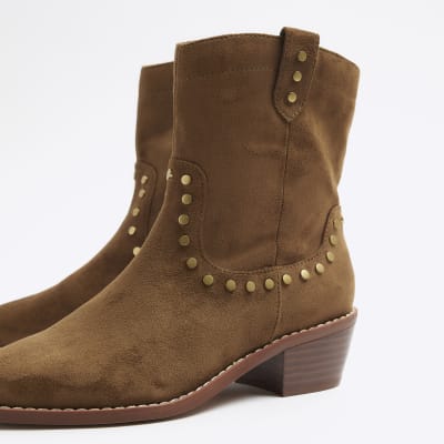 Brown studded western ankle boots | River Island