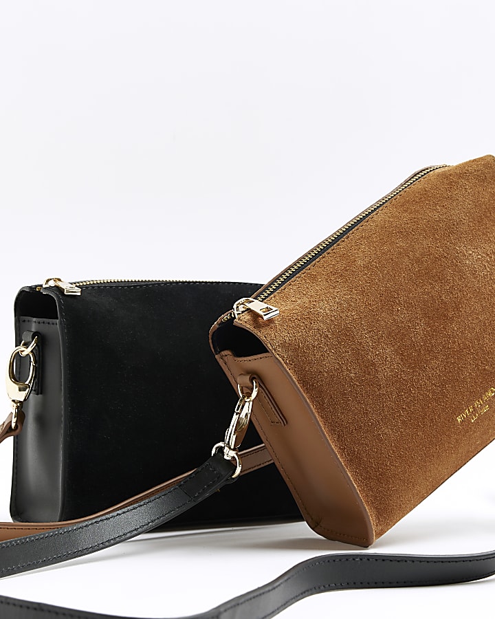 Brown suede boxy cross body bag