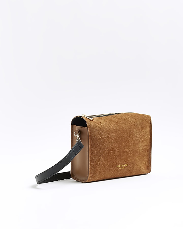 Brown suede boxy cross body bag