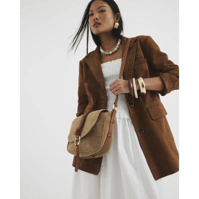 Brown Suede Braided Cross Body Bag