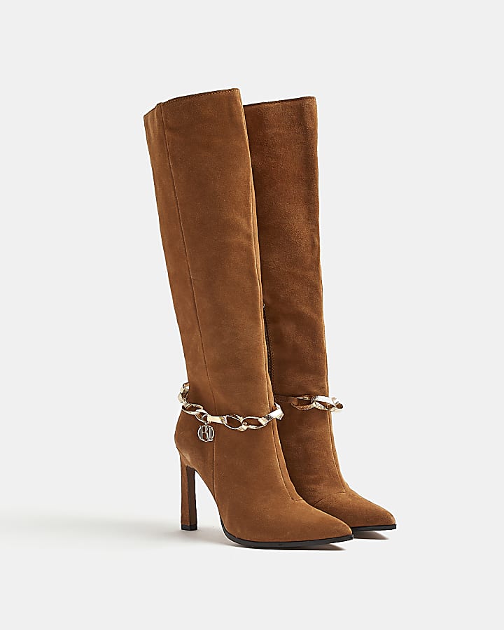 Brown suede chain knee high heeled boots