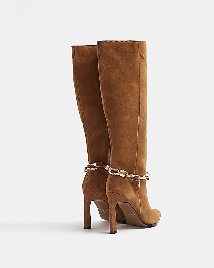 Brown suede chain knee high heeled boots