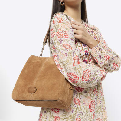 Brown suede chain strap tote bag River Island