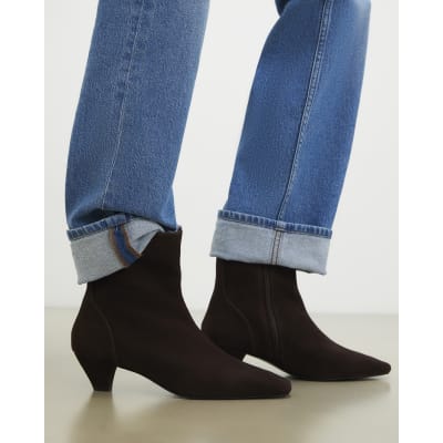 Brown Suede Cone Kitten Heel Boots
