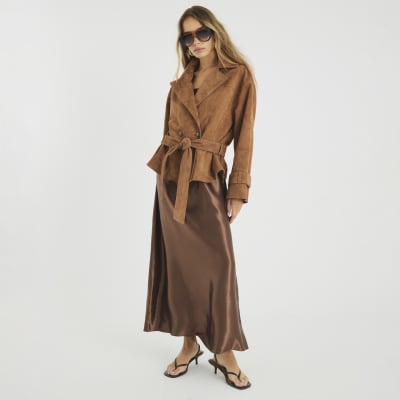 Brown Suede Cropped Trench Coat