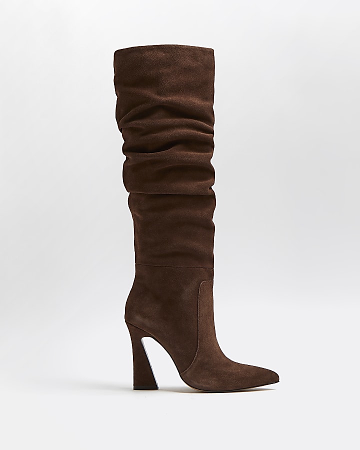 Brown suede knee high boots