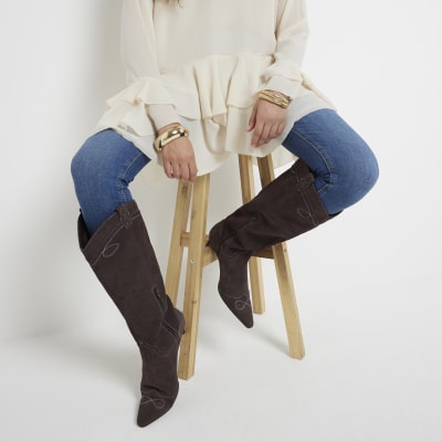 Brown Suede Knee High Western Boots River Island