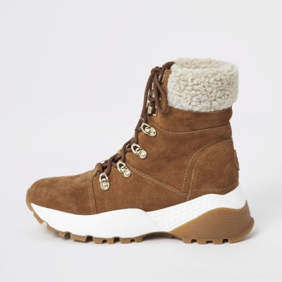 Brown suede lace-up borg trim hiker boots | River Island