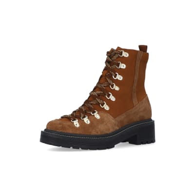 360 degree animation of product Brown suede lace up hiker boots frame-1