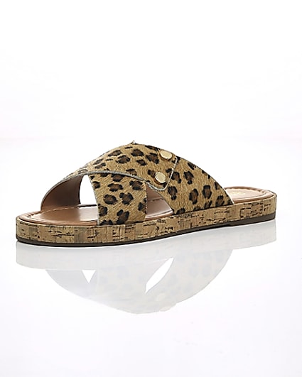 360 degree animation of product Brown suede leopard cross strap sandals frame-0