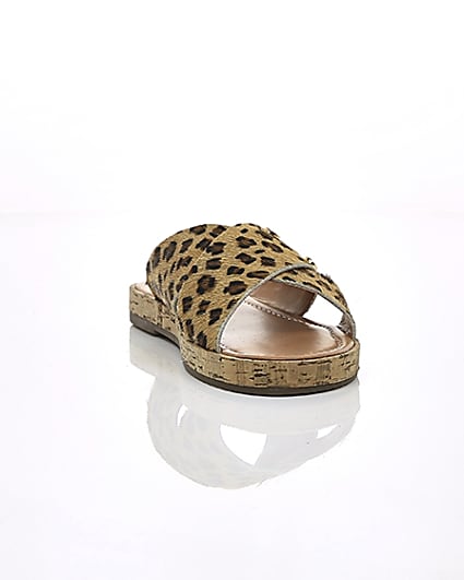 360 degree animation of product Brown suede leopard cross strap sandals frame-5