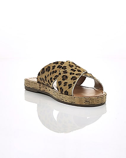 360 degree animation of product Brown suede leopard cross strap sandals frame-6