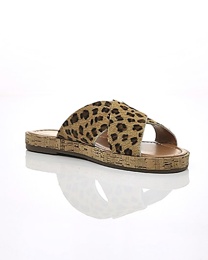 360 degree animation of product Brown suede leopard cross strap sandals frame-7