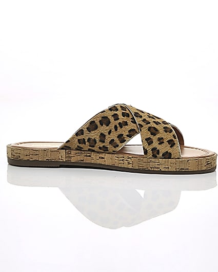 360 degree animation of product Brown suede leopard cross strap sandals frame-9