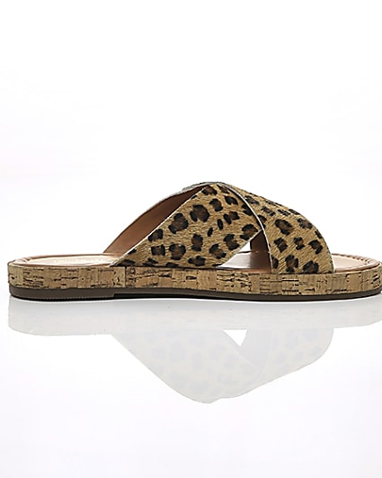 360 degree animation of product Brown suede leopard cross strap sandals frame-10