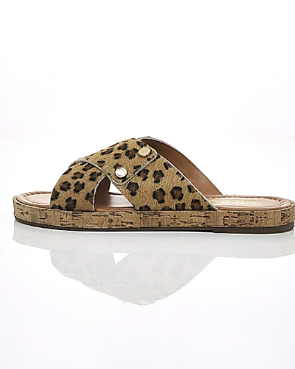 360 degree animation of product Brown suede leopard cross strap sandals frame-21