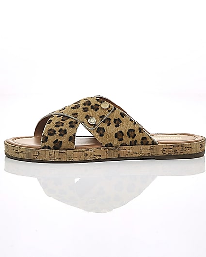 360 degree animation of product Brown suede leopard cross strap sandals frame-22