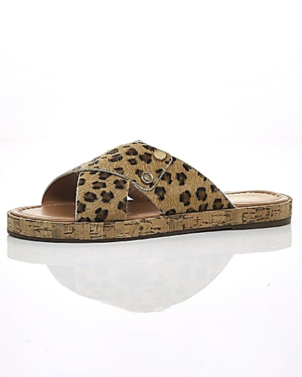 360 degree animation of product Brown suede leopard cross strap sandals frame-23