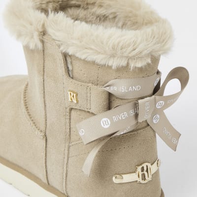 Brown suede quilted faux fur lined boots