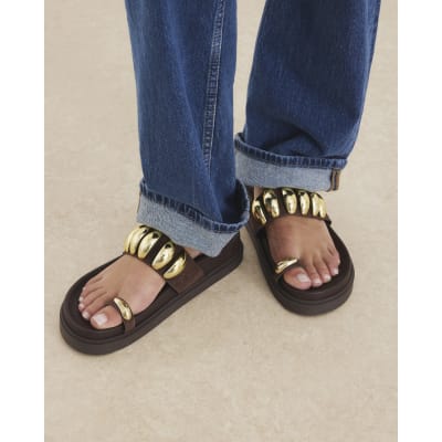 Brown Suede Studded Toe Clip Sandals