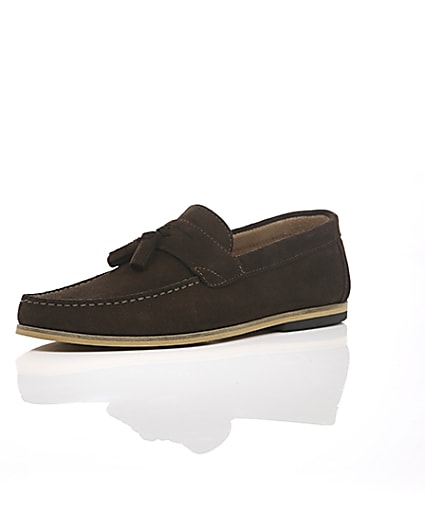 360 degree animation of product Brown suede tassel front loafers frame-0