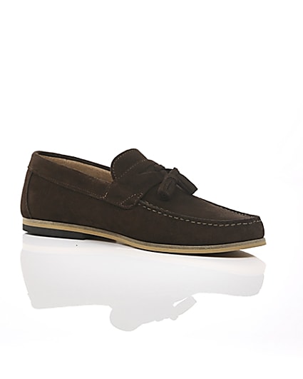 360 degree animation of product Brown suede tassel front loafers frame-7