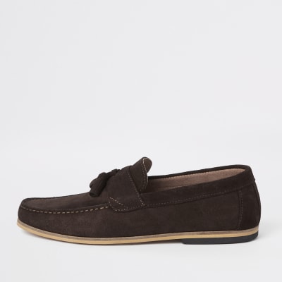 Brown suede tassel front loafers