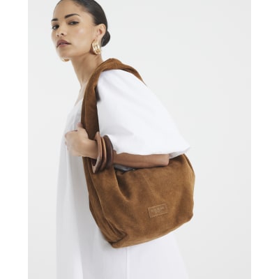 Brown Suede Twist Shoulder Bag