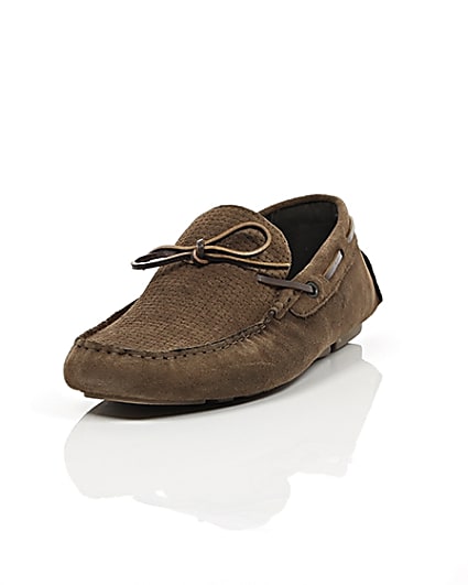 360 degree animation of product Brown suede woven driver shoes frame-2