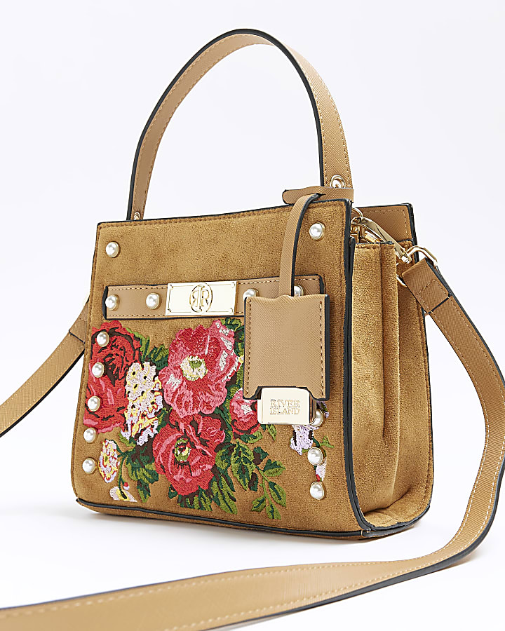 Brown suedette embroidered floral tote bag | River Island