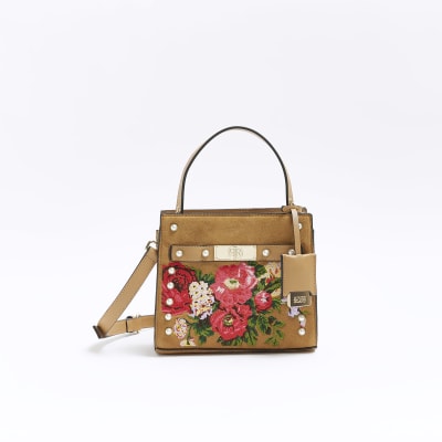 Brown suedette embroidered floral tote bag | River Island