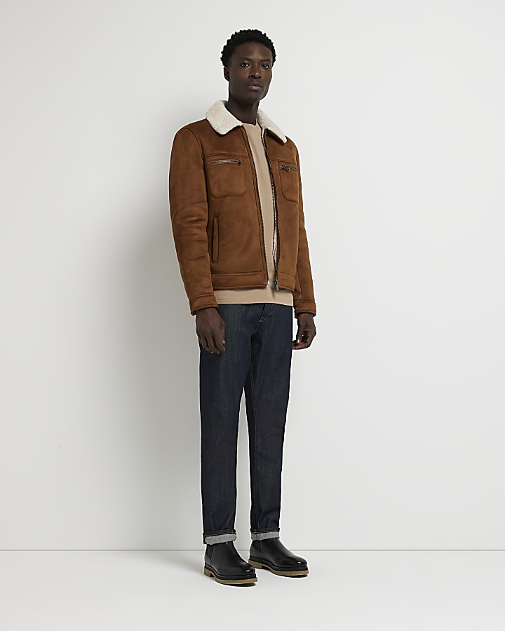 Brown Suedette Lined borg collar jacket