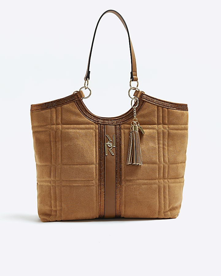 Brown suedette quilted shopper bag