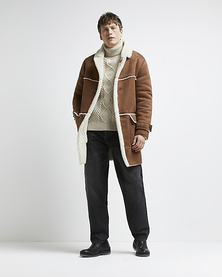 Brown suedette shearling lined peacoat