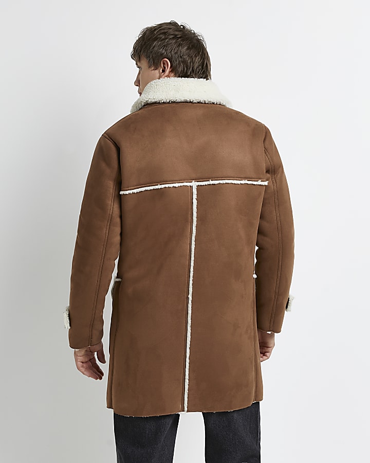 Brown suedette shearling lined peacoat