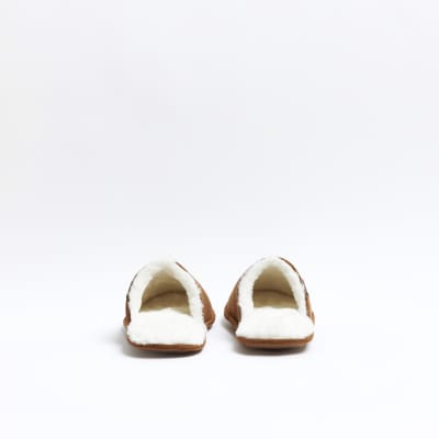 Brown suedette slippers River Island