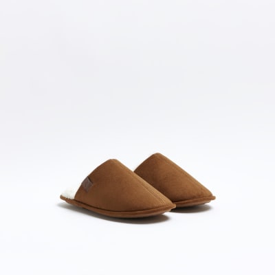Brown suedette slippers River Island