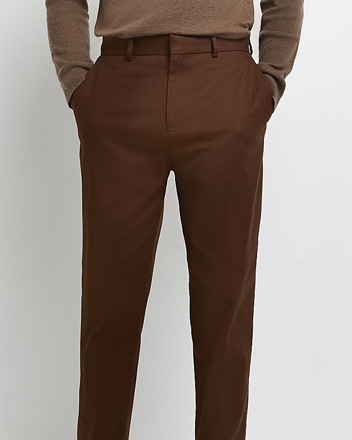 Brown tapered fit twill trousers
