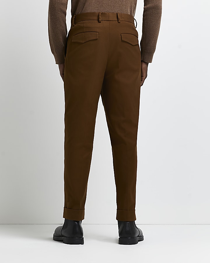Brown tapered fit twill trousers