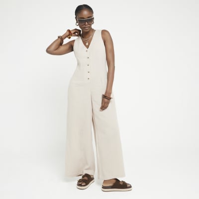 Brown Textured Button Through Jumpsuit River Island