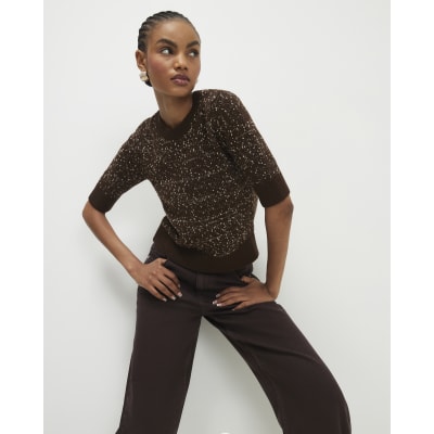 Brown Textured Knit Short Sleeve Top