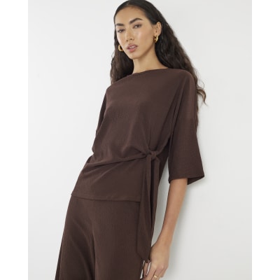Brown Textured Tie Front T-shirt