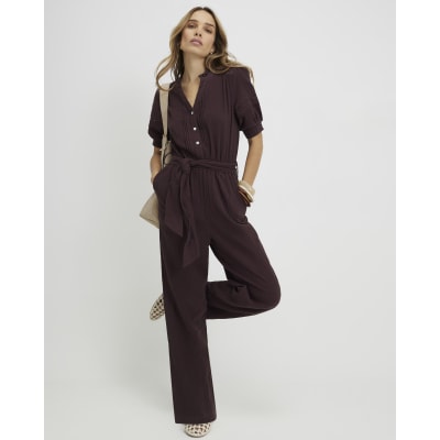 Brown Textured Wide Leg Jumpsuit