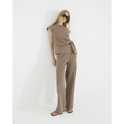 Brown Textured Wide Leg Trousers
