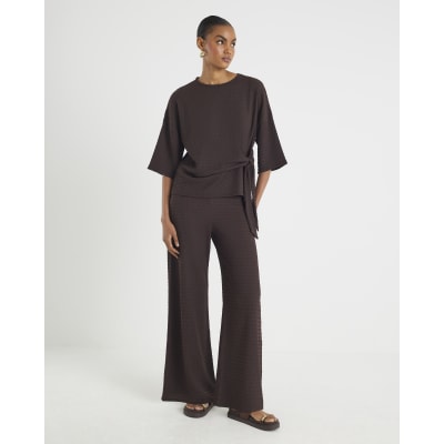 Brown Textured Wide Leg Trousers