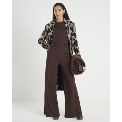 Brown Textured Wide Leg Trousers