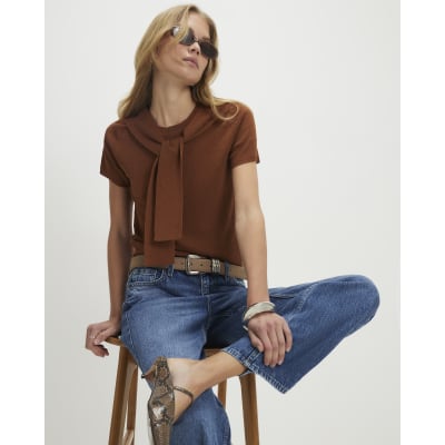 Brown Tie Neck Knitted Top