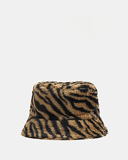 Brown tiger print faux fur bucket hat