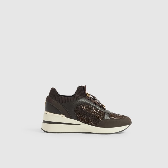 River Island Brown Toggle Embellished Wedge Trainers